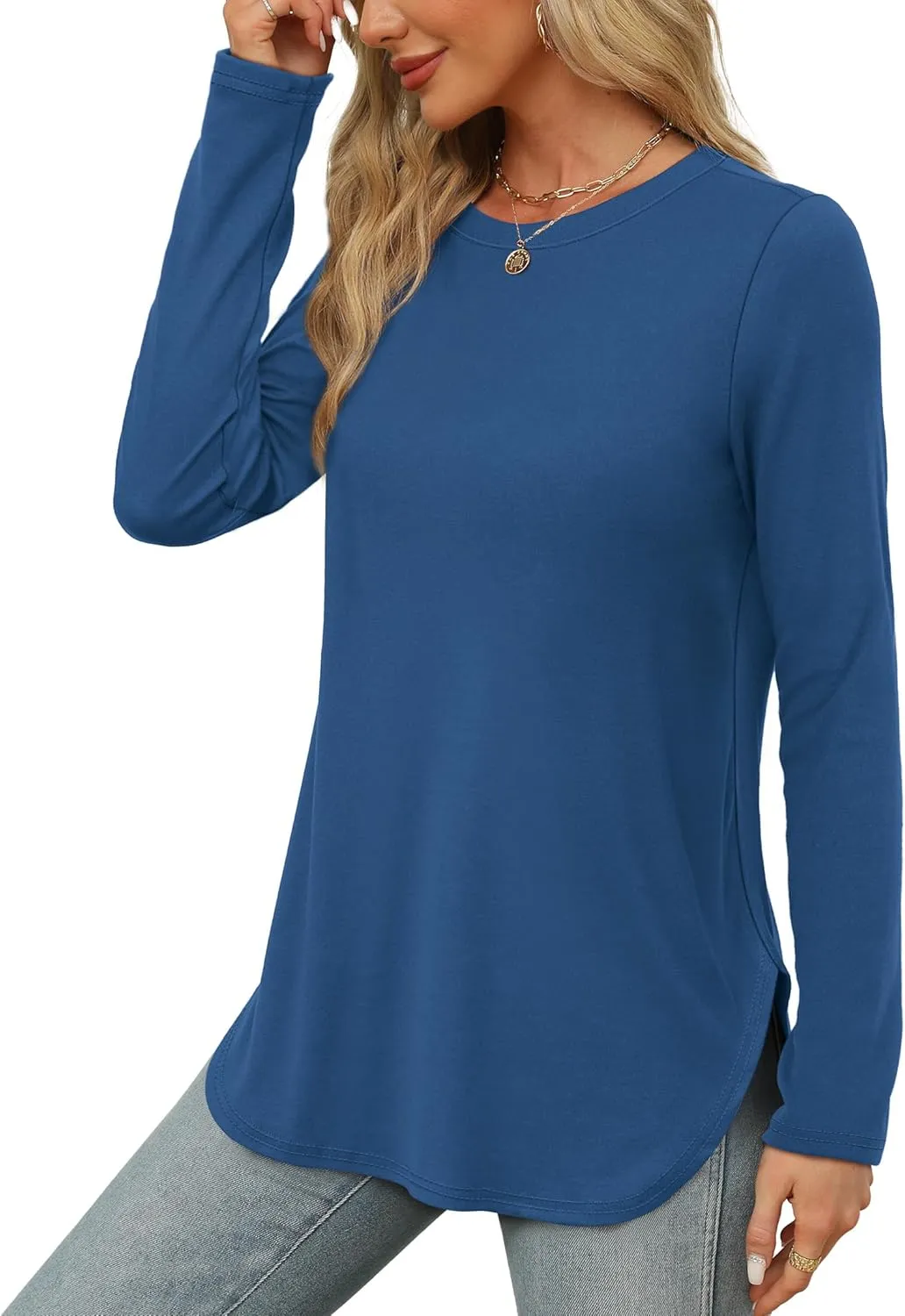 XIEERDUO Womens Long Sleeve Round Neck Shirts Side Split Basic Loose Tunic Tops Casual 2025