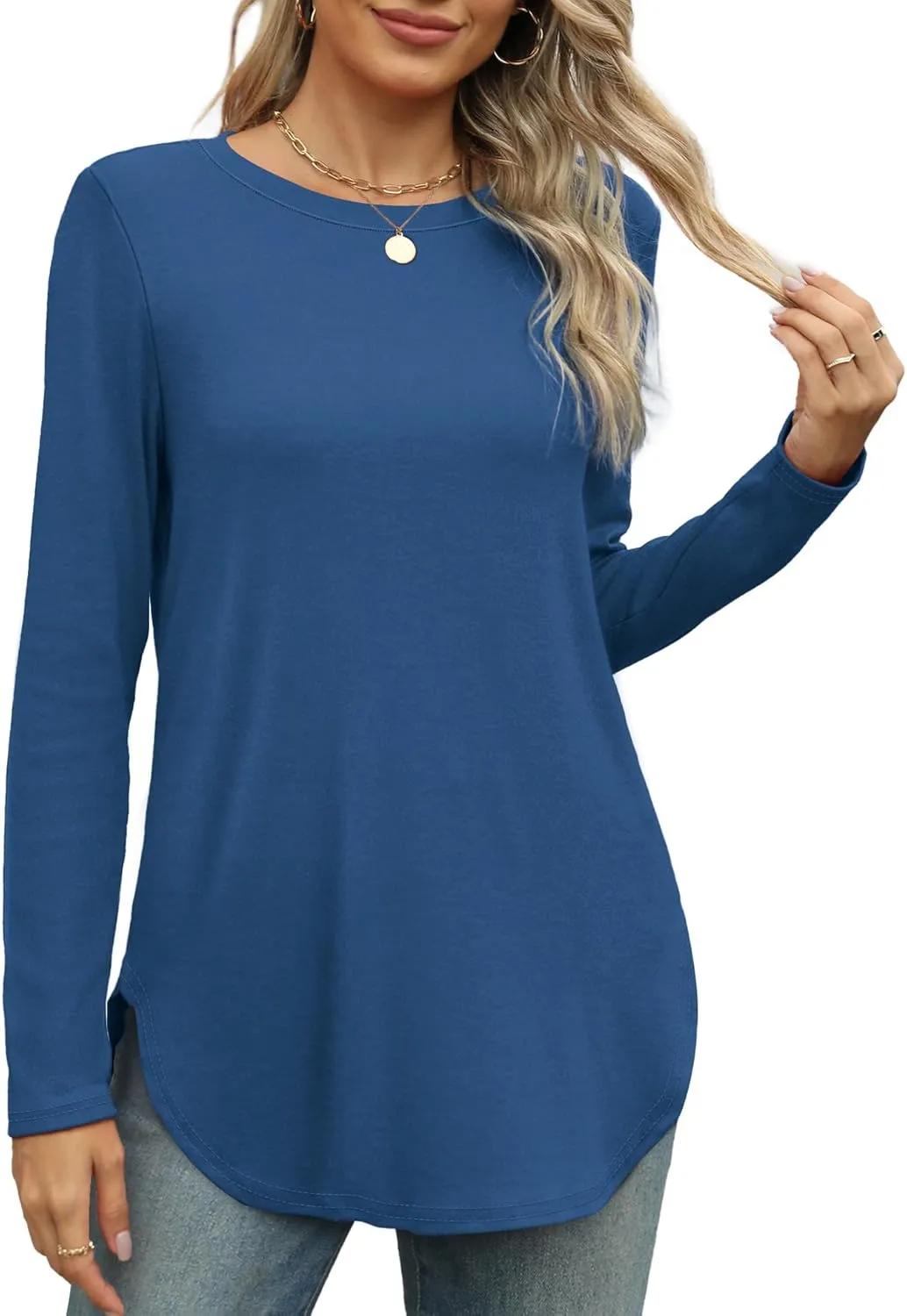 XIEERDUO Womens Long Sleeve Round Neck Shirts Side Split Basic Loose Tunic Tops Casual 2025