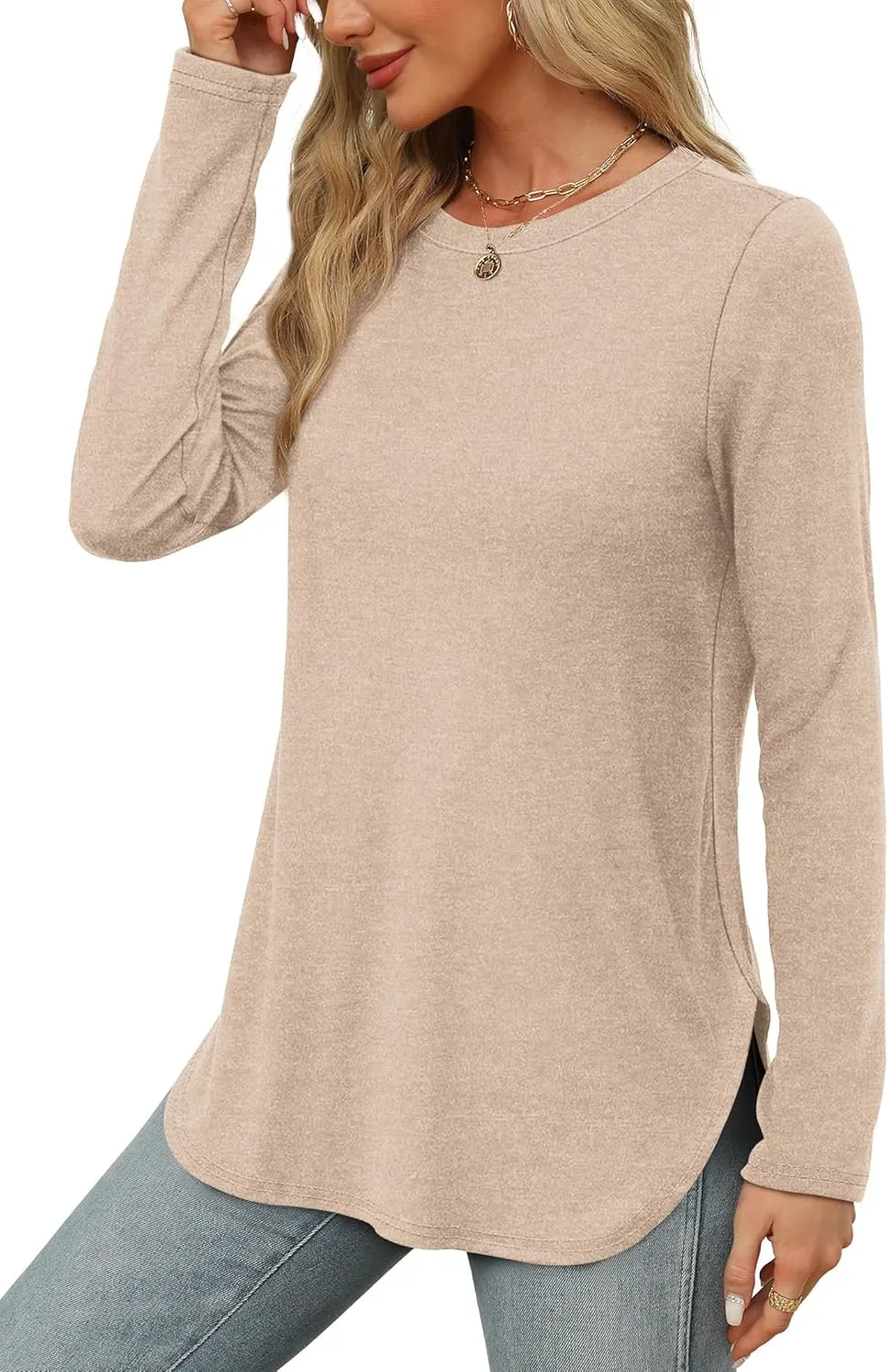 XIEERDUO Womens Long Sleeve Round Neck Shirts Side Split Basic Loose Tunic Tops Casual 2025