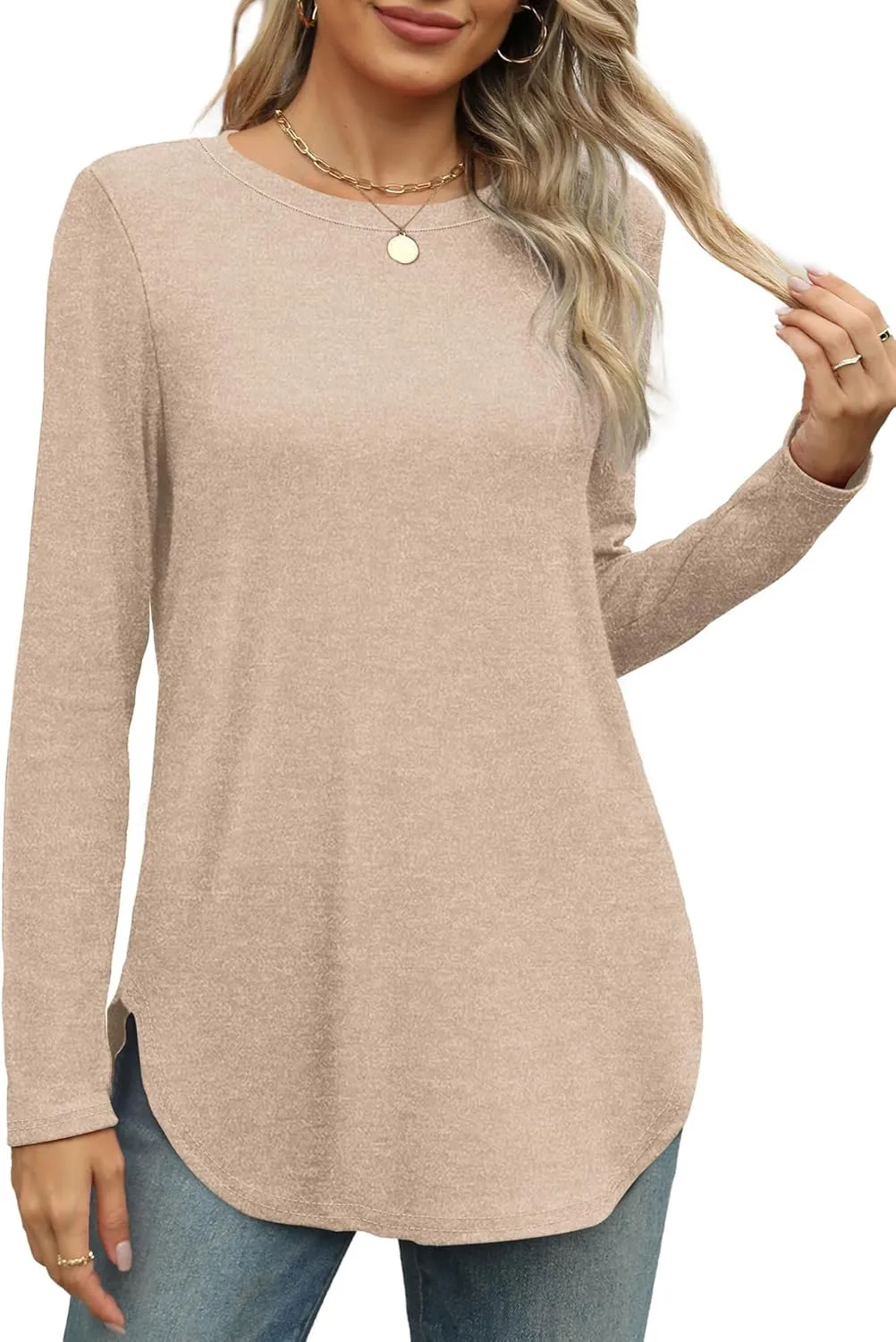 XIEERDUO Womens Long Sleeve Round Neck Shirts Side Split Basic Loose Tunic Tops Casual 2025