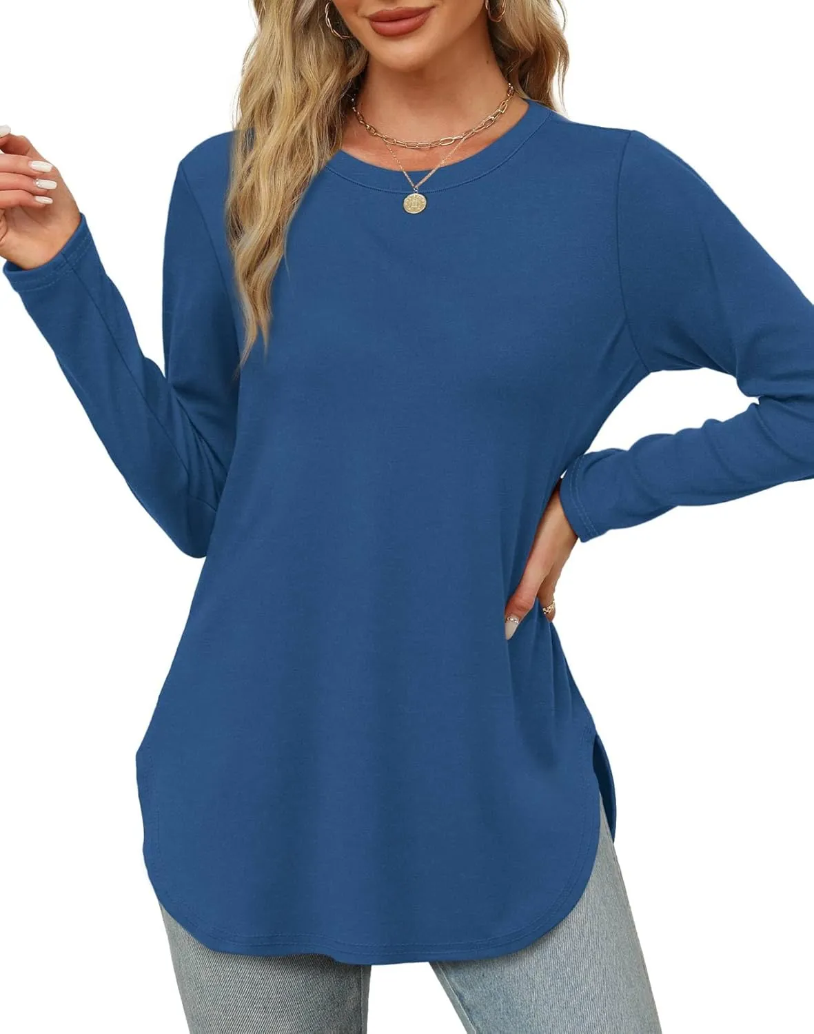 XIEERDUO Womens Long Sleeve Round Neck Shirts Side Split Basic Loose Tunic Tops Casual 2025