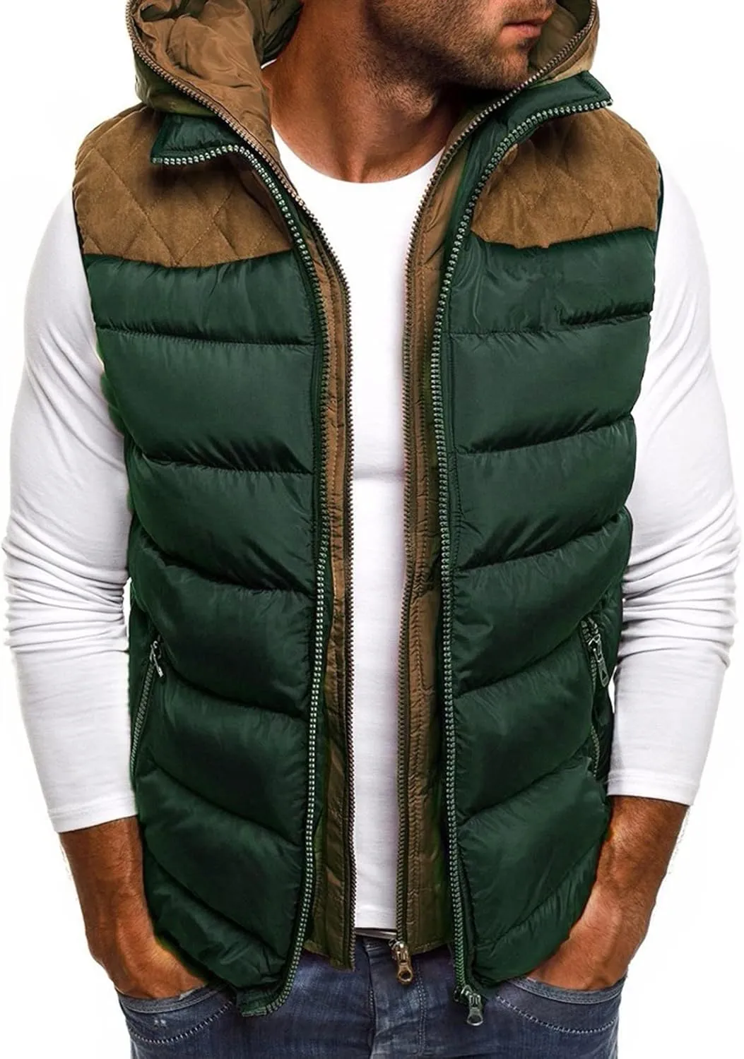 Ymosrh Men's Puffer Vest Outdoor Quilted Winter Vest Hooded Sleeveless Jacket Padded Vest Coats Packable Vest, S-5XL
