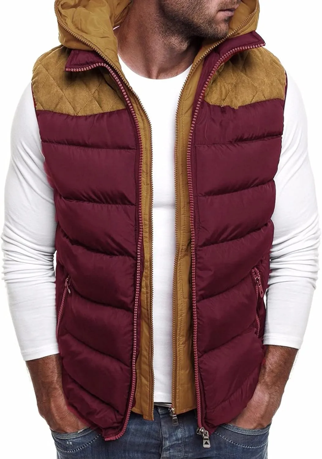 Ymosrh Men's Puffer Vest Outdoor Quilted Winter Vest Hooded Sleeveless Jacket Padded Vest Coats Packable Vest, S-5XL