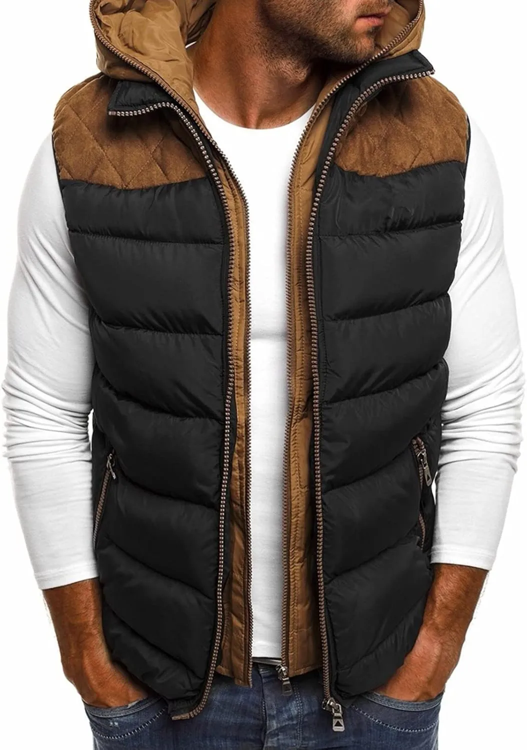 Ymosrh Men's Puffer Vest Outdoor Quilted Winter Vest Hooded Sleeveless Jacket Padded Vest Coats Packable Vest, S-5XL