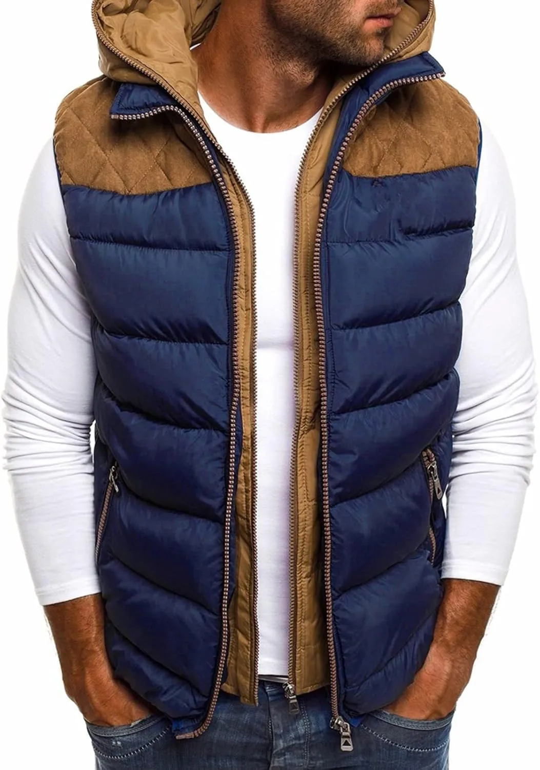 Ymosrh Men's Puffer Vest Outdoor Quilted Winter Vest Hooded Sleeveless Jacket Padded Vest Coats Packable Vest, S-5XL