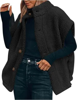 YRAETENM Women's Fuzzy Fleece Vest Casual Oversized Warm Button down Gilet Soft Sleeveless Stand Collar Jackets with Pockets