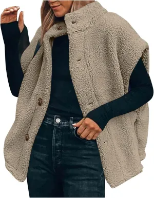 YRAETENM Women's Fuzzy Fleece Vest Casual Oversized Warm Button down Gilet Soft Sleeveless Stand Collar Jackets with Pockets