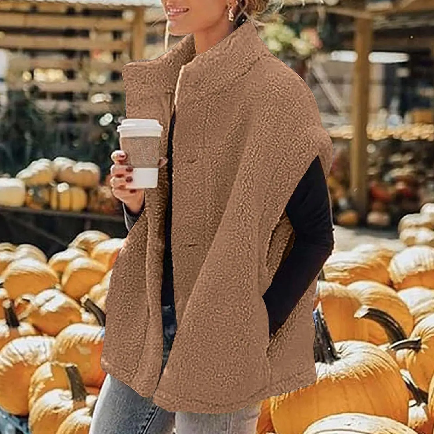 YRAETENM Women's Fuzzy Fleece Vest Casual Oversized Warm Button down Gilet Soft Sleeveless Stand Collar Jackets with Pockets