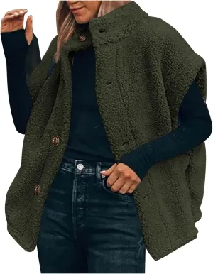 YRAETENM Women's Fuzzy Fleece Vest Casual Oversized Warm Button down Gilet Soft Sleeveless Stand Collar Jackets with Pockets