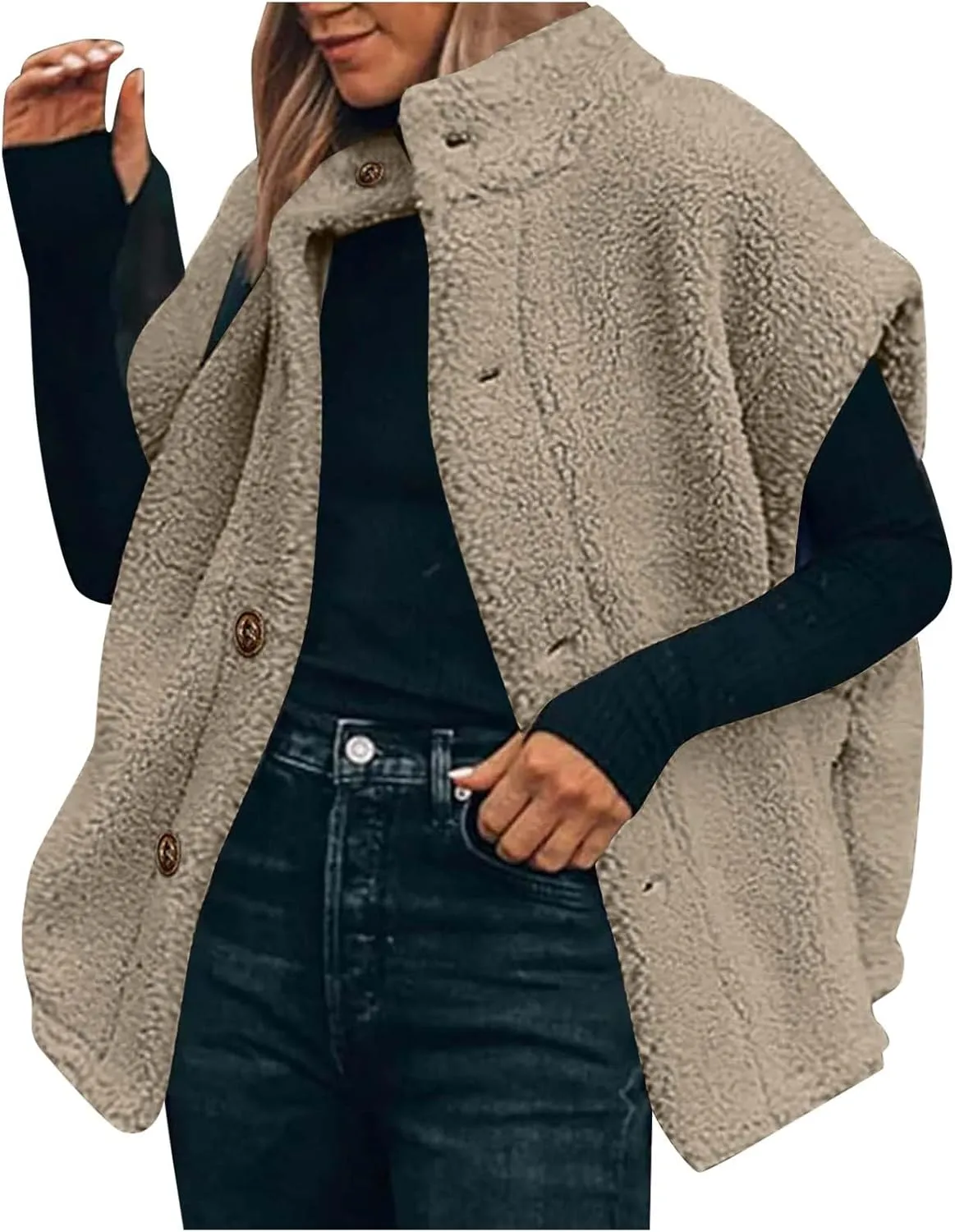 YRAETENM Women's Fuzzy Fleece Vest Casual Oversized Warm Button down Gilet Soft Sleeveless Stand Collar Jackets with Pockets