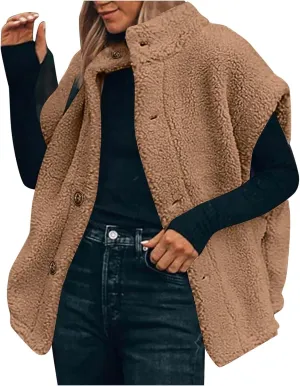 YRAETENM Women's Fuzzy Fleece Vest Casual Oversized Warm Button down Gilet Soft Sleeveless Stand Collar Jackets with Pockets