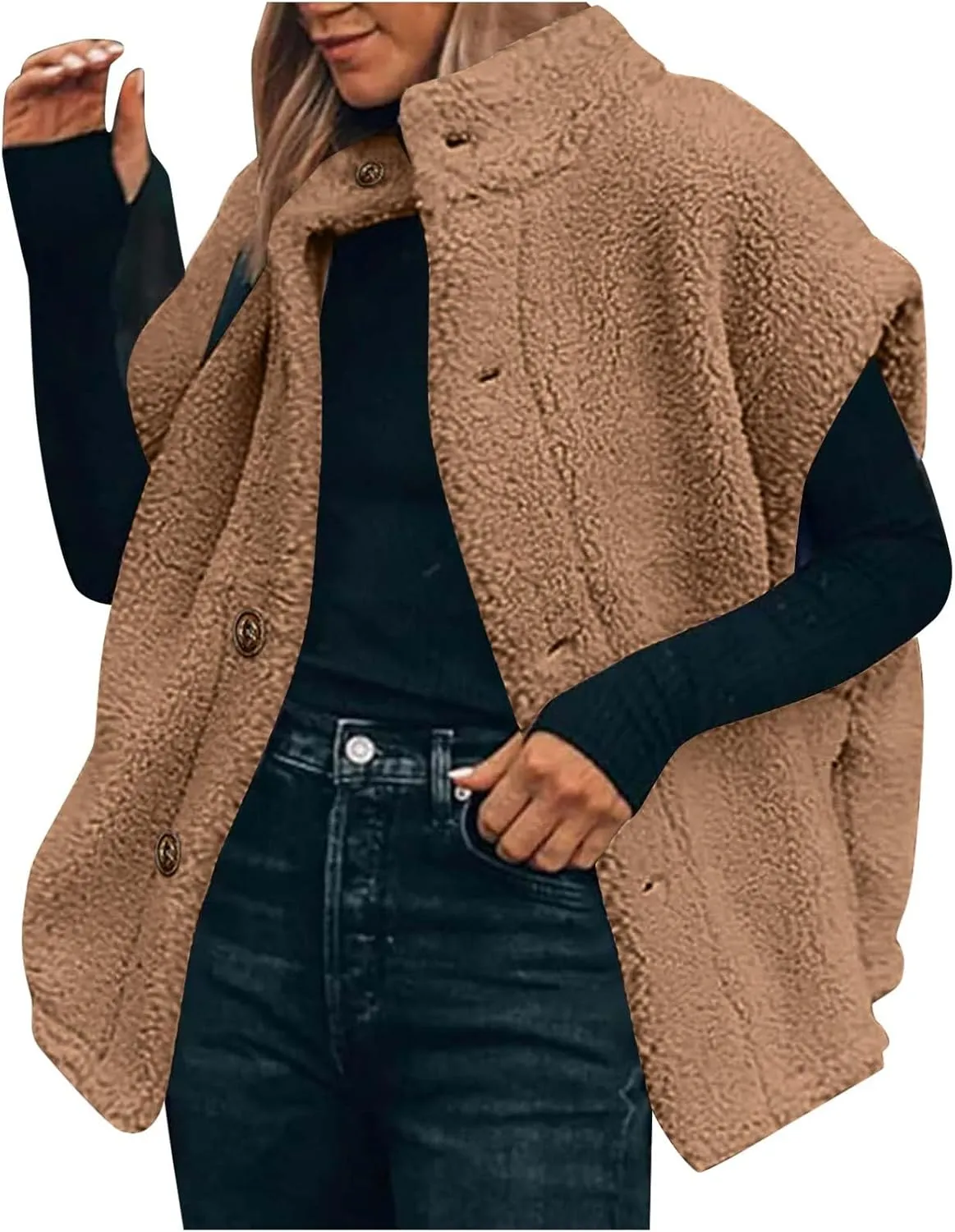 YRAETENM Women's Fuzzy Fleece Vest Casual Oversized Warm Button down Gilet Soft Sleeveless Stand Collar Jackets with Pockets