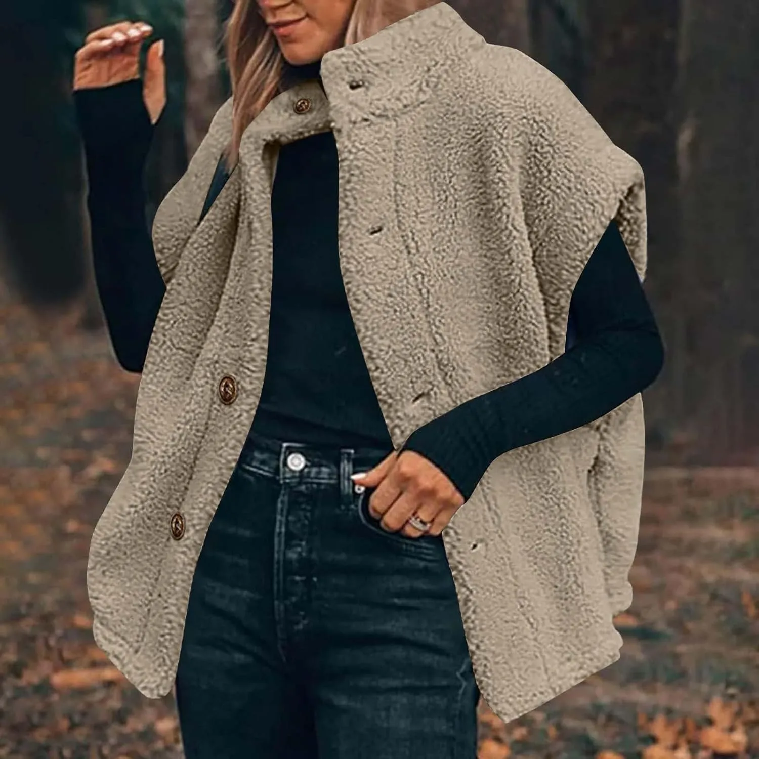 YRAETENM Women's Fuzzy Fleece Vest Casual Oversized Warm Button down Gilet Soft Sleeveless Stand Collar Jackets with Pockets