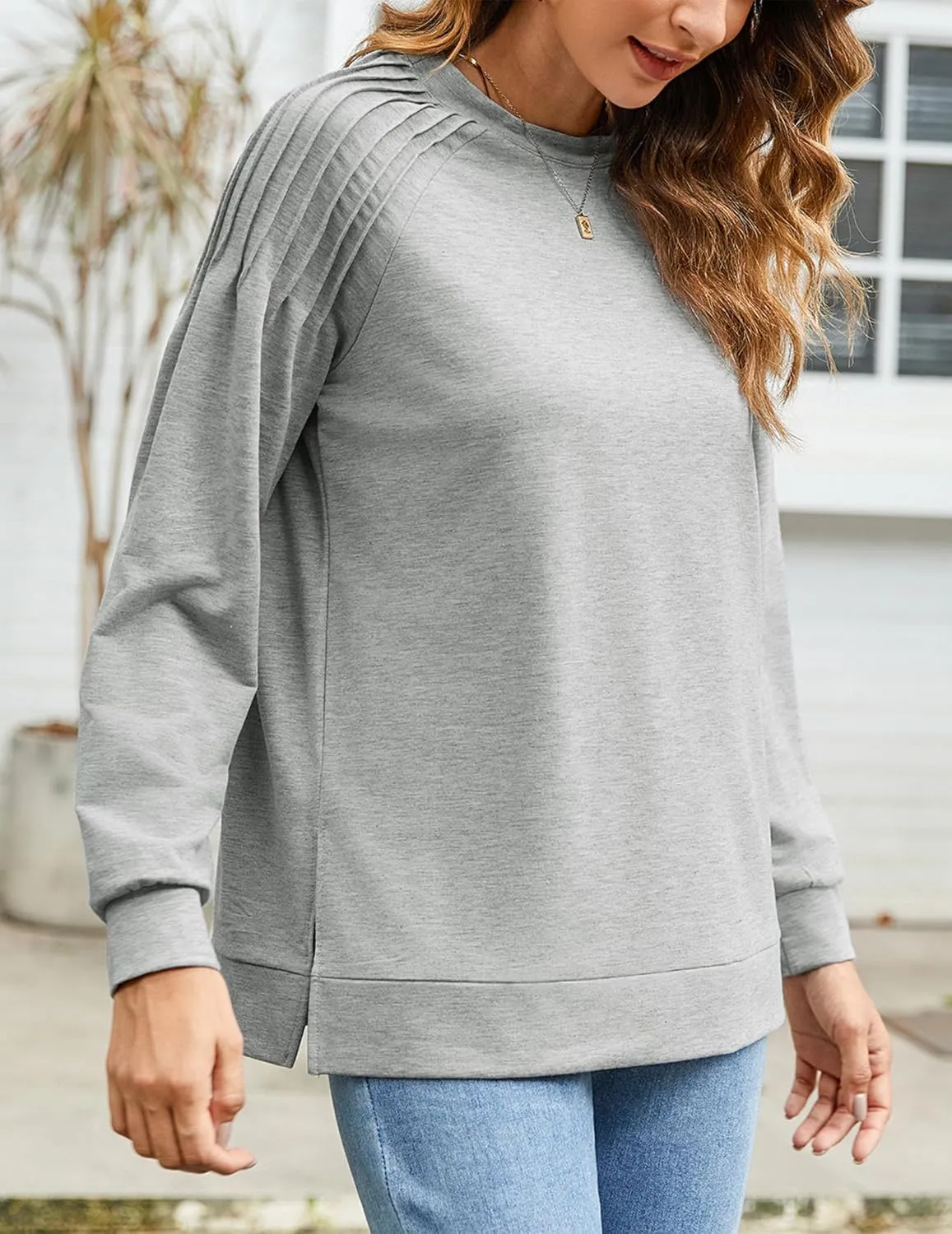 Zeagoo Tunic Tops for Women 2025 Spring Long Sleeve Shirts Dressy Casual Crewneck Pleated Cute Tops Side Split Sweatshirts