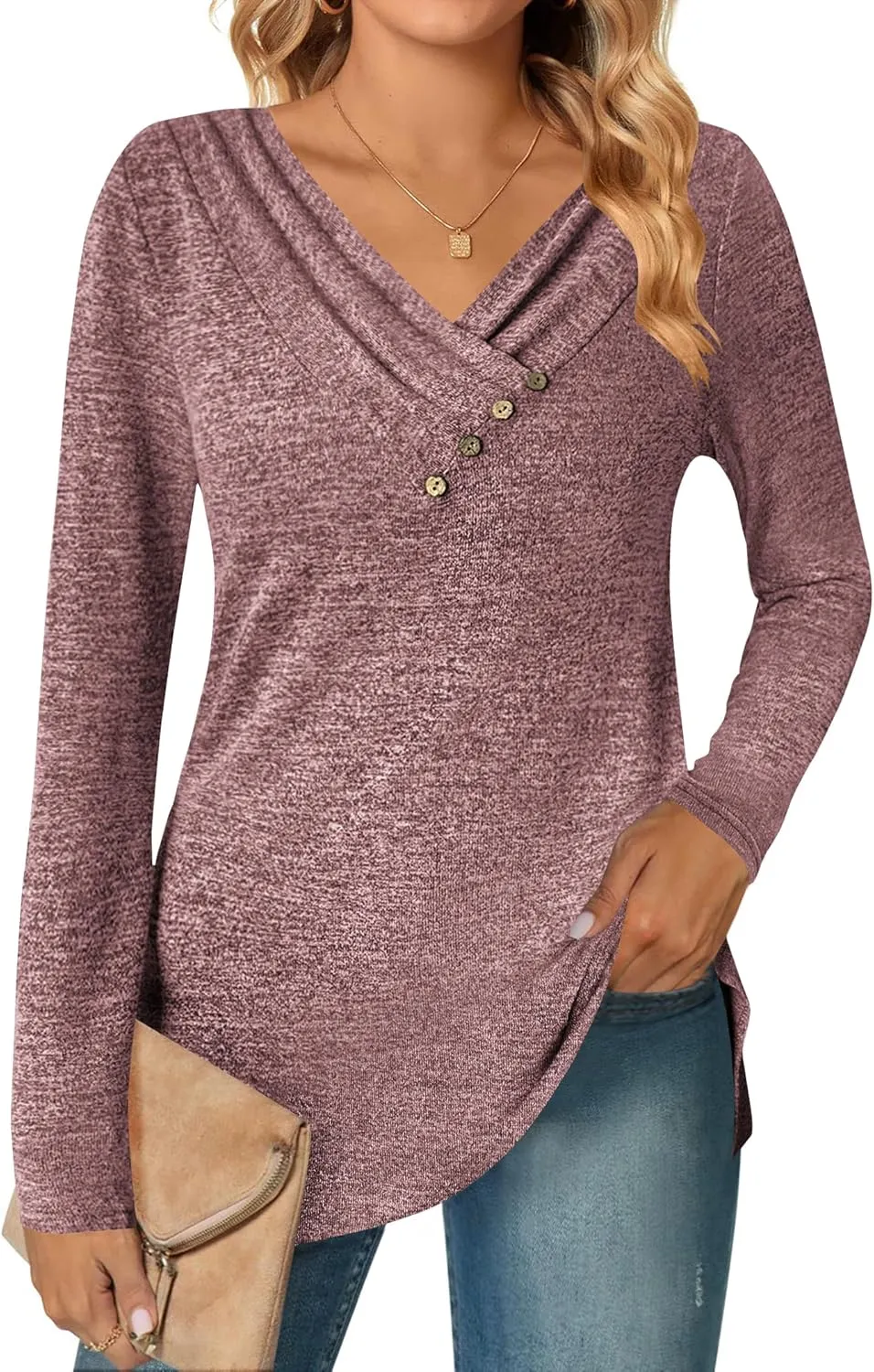 Zeagoo Women's Casual Tunic Tops Long Sleeve Shirts for Leggings V Neck Button Fall Pullover Blouse Loose Sweatshirts