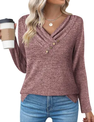 Zeagoo Women's Casual Tunic Tops Long Sleeve Shirts for Leggings V Neck Button Fall Pullover Blouse Loose Sweatshirts