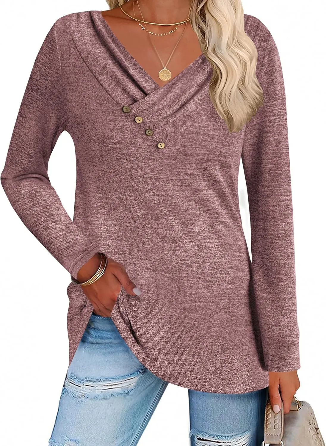 Zeagoo Women's Casual Tunic Tops Long Sleeve Shirts for Leggings V Neck Button Fall Pullover Blouse Loose Sweatshirts