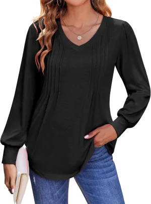 Zeagoo Women's Puff Long Sleeve Shirts Pleated V Neck Fall Tunic Tops Blouse Dressy Casual Loose Summer T-Shirts
