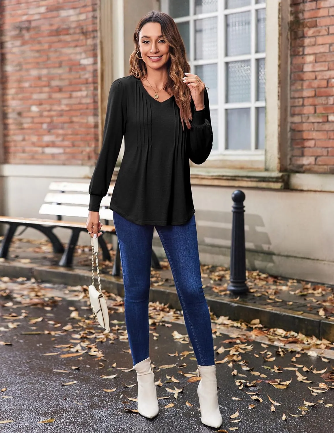 Zeagoo Women's Puff Long Sleeve Shirts Pleated V Neck Fall Tunic Tops Blouse Dressy Casual Loose Summer T-Shirts