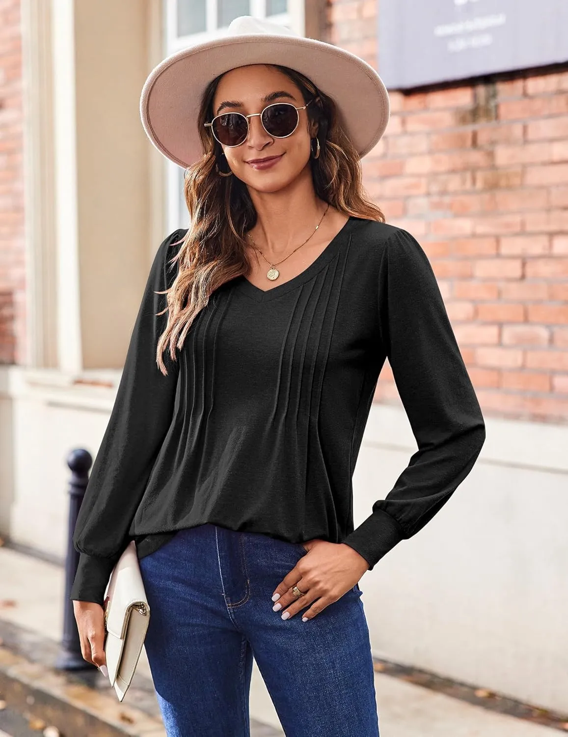 Zeagoo Women's Puff Long Sleeve Shirts Pleated V Neck Fall Tunic Tops Blouse Dressy Casual Loose Summer T-Shirts
