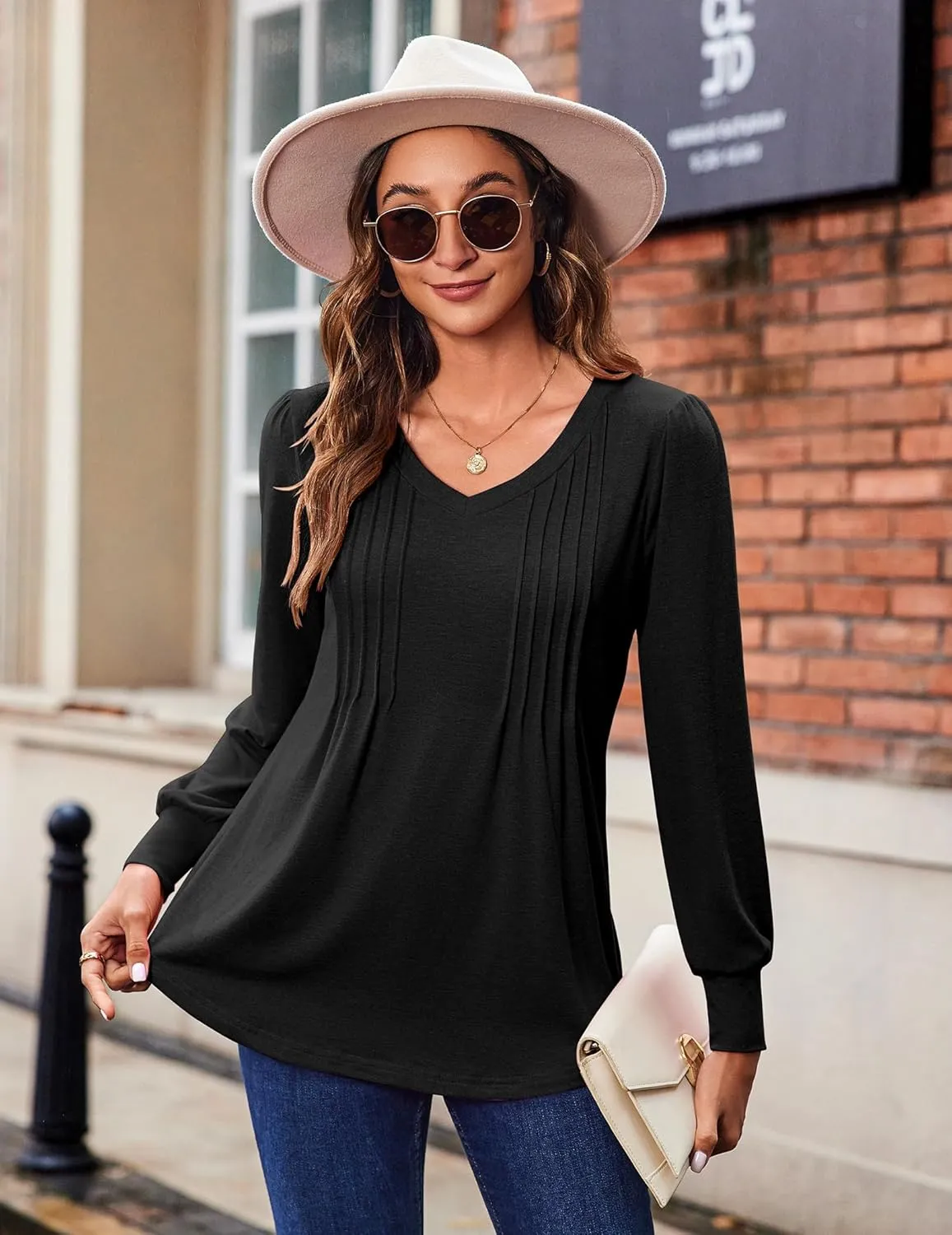 Zeagoo Women's Puff Long Sleeve Shirts Pleated V Neck Fall Tunic Tops Blouse Dressy Casual Loose Summer T-Shirts