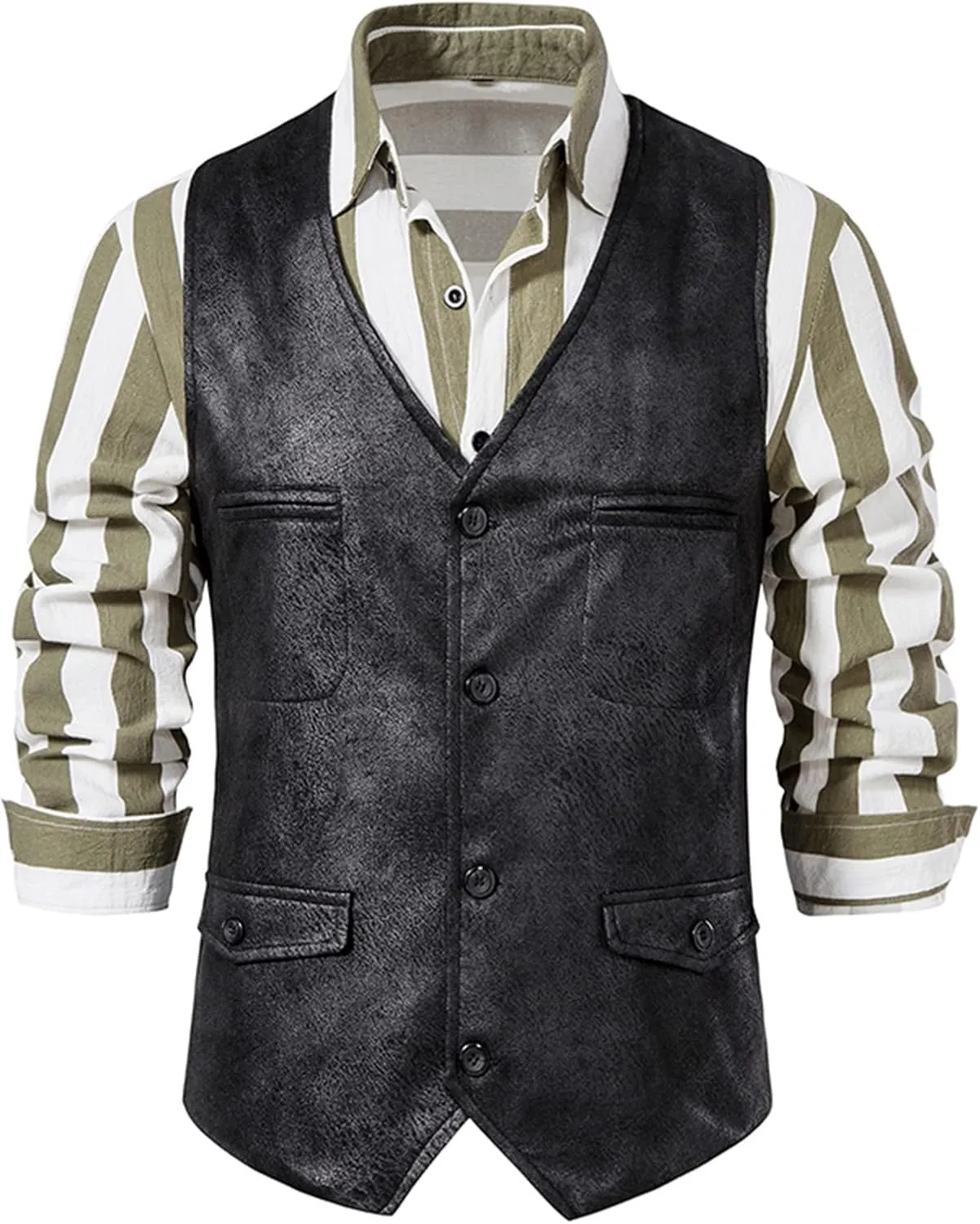 Zeiyignr Men's Suede Leather Suit Vest Casual Western Cowboy Waistcoat Vests Vintage Slim Fit Sleeveless Jacket with Pockets