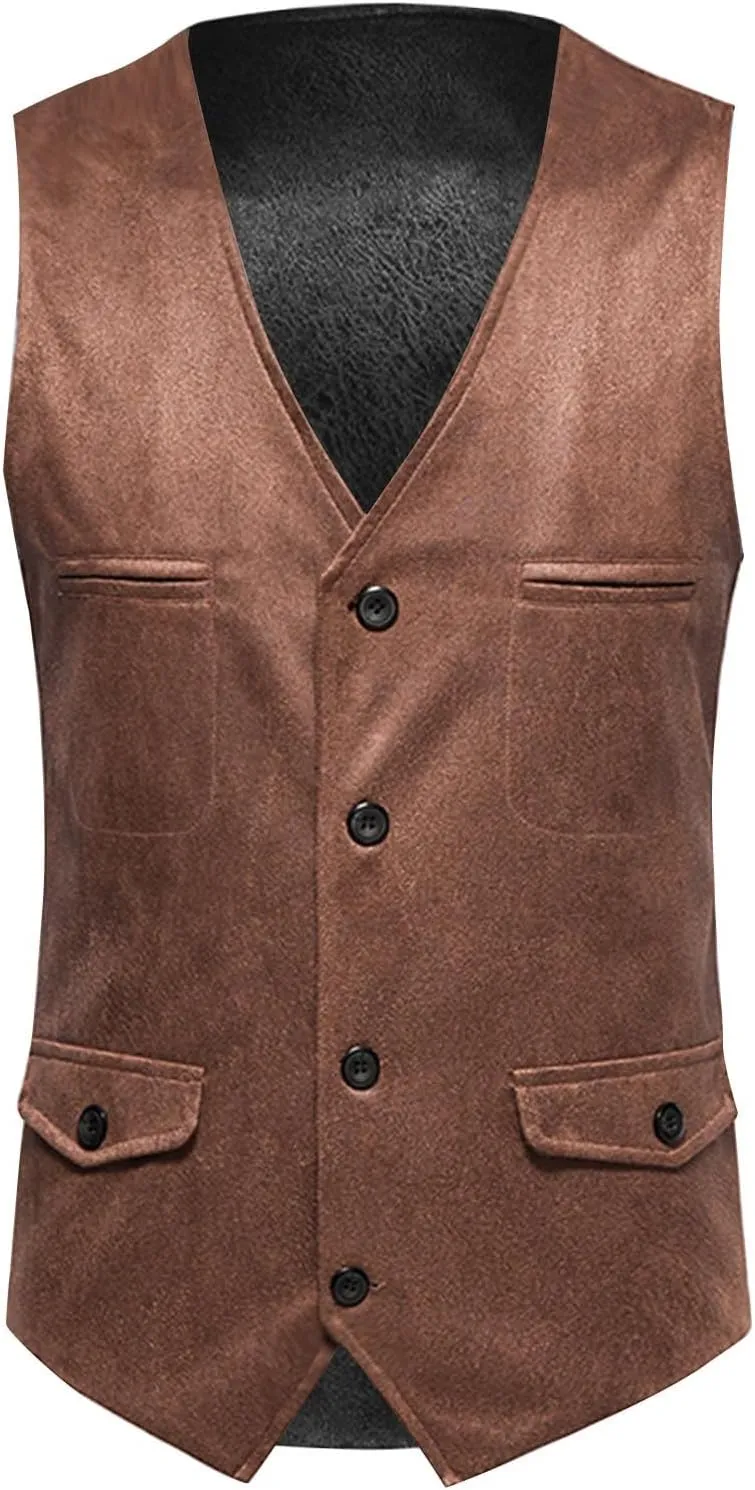 Zeiyignr Men's Suede Leather Suit Vest Casual Western Cowboy Waistcoat Vests Vintage Slim Fit Sleeveless Jacket with Pockets