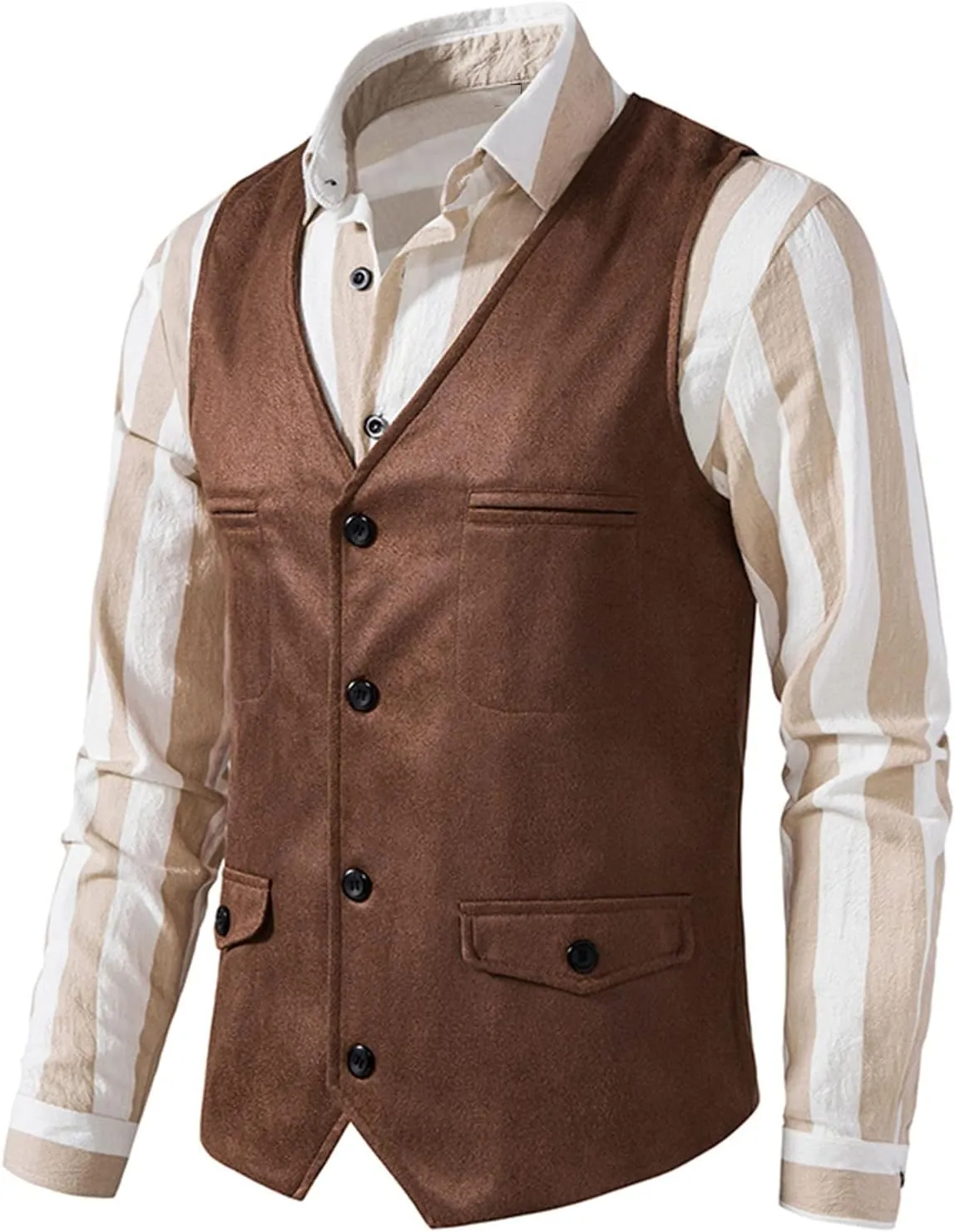 Zeiyignr Men's Suede Leather Suit Vest Casual Western Cowboy Waistcoat Vests Vintage Slim Fit Sleeveless Jacket with Pockets