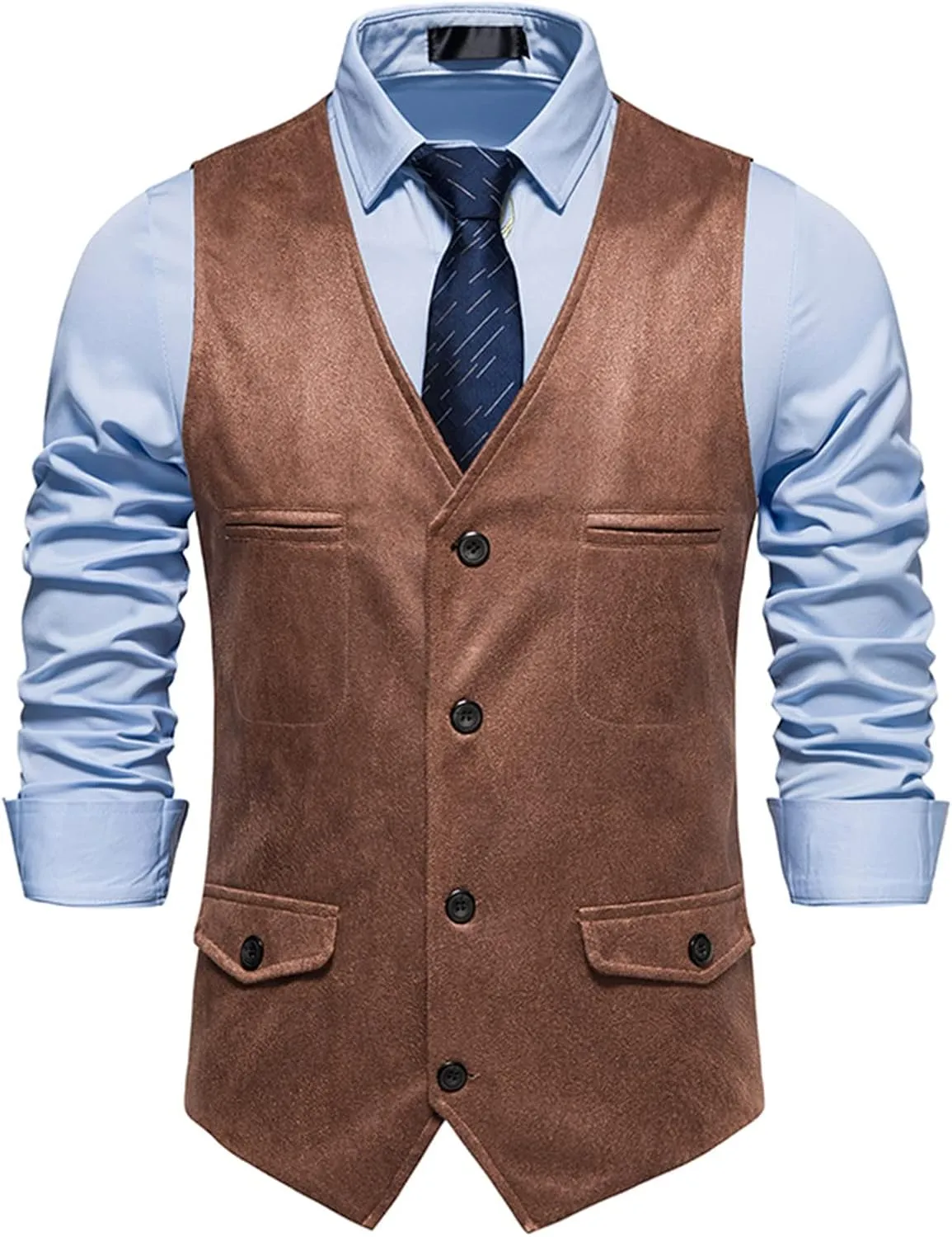 Zeiyignr Men's Suede Leather Suit Vest Casual Western Cowboy Waistcoat Vests Vintage Slim Fit Sleeveless Jacket with Pockets