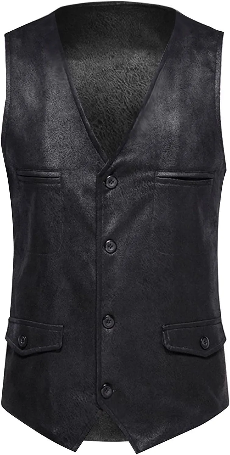 Zeiyignr Men's Suede Leather Suit Vest Casual Western Cowboy Waistcoat Vests Vintage Slim Fit Sleeveless Jacket with Pockets