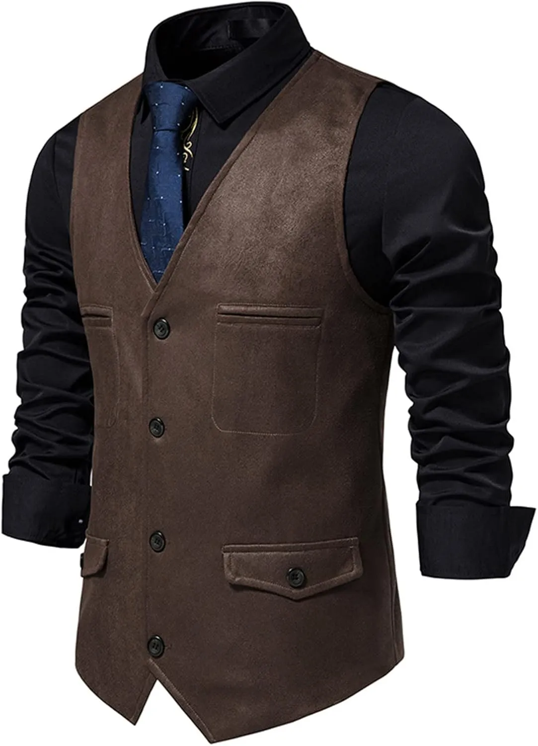 Zeiyignr Men's Suede Leather Suit Vest Casual Western Cowboy Waistcoat Vests Vintage Slim Fit Sleeveless Jacket with Pockets
