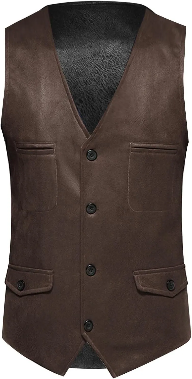Zeiyignr Men's Suede Leather Suit Vest Casual Western Cowboy Waistcoat Vests Vintage Slim Fit Sleeveless Jacket with Pockets