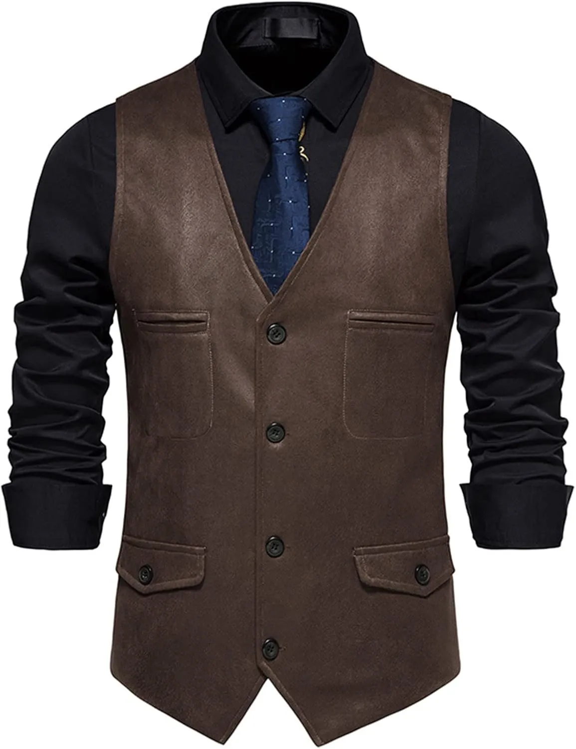 Zeiyignr Men's Suede Leather Suit Vest Casual Western Cowboy Waistcoat Vests Vintage Slim Fit Sleeveless Jacket with Pockets