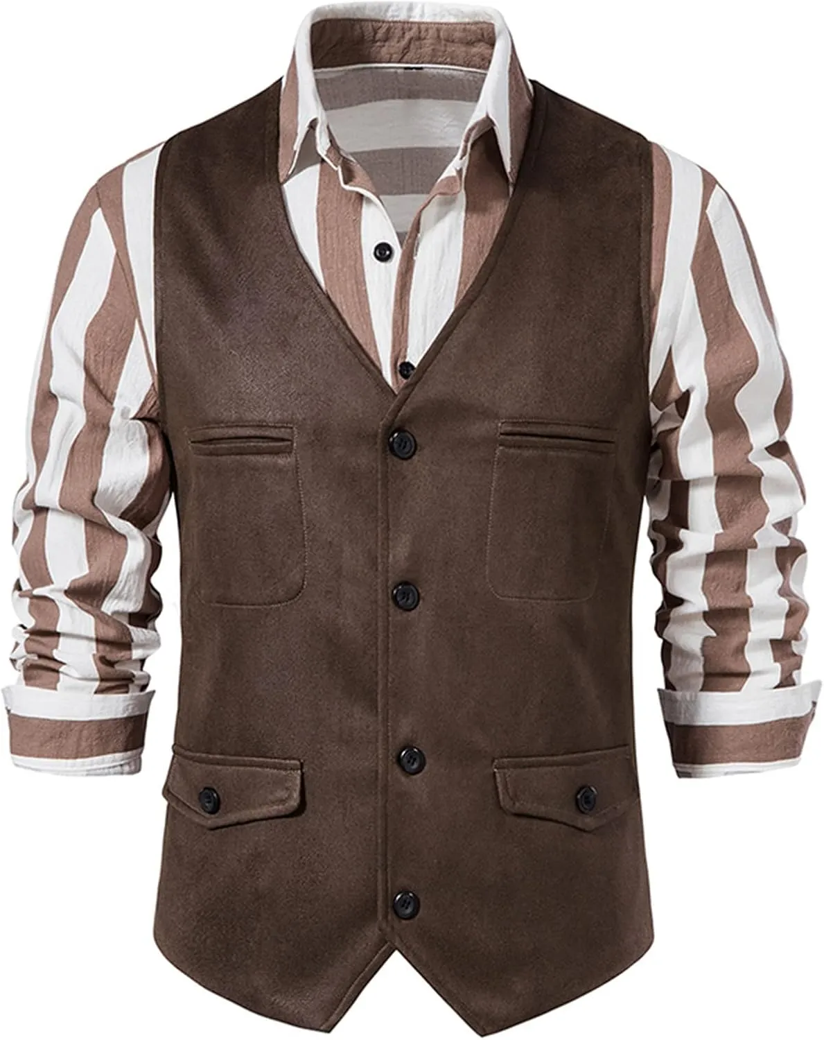 Zeiyignr Men's Suede Leather Suit Vest Casual Western Cowboy Waistcoat Vests Vintage Slim Fit Sleeveless Jacket with Pockets