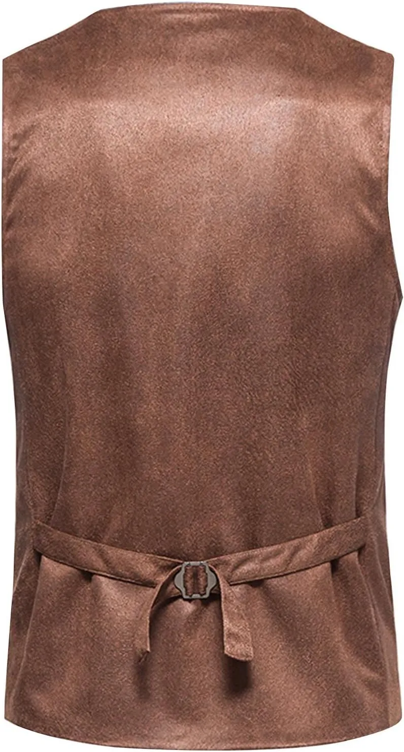 Zeiyignr Men's Suede Leather Suit Vest Casual Western Cowboy Waistcoat Vests Vintage Slim Fit Sleeveless Jacket with Pockets
