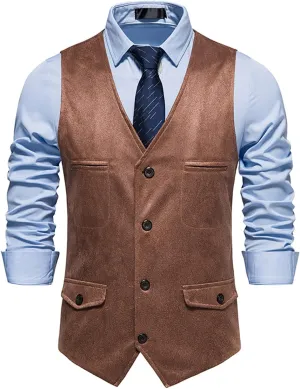Zeiyignr Men's Suede Leather Suit Vest Casual Western Cowboy Waistcoat Vests Vintage Slim Fit Sleeveless Jacket with Pockets