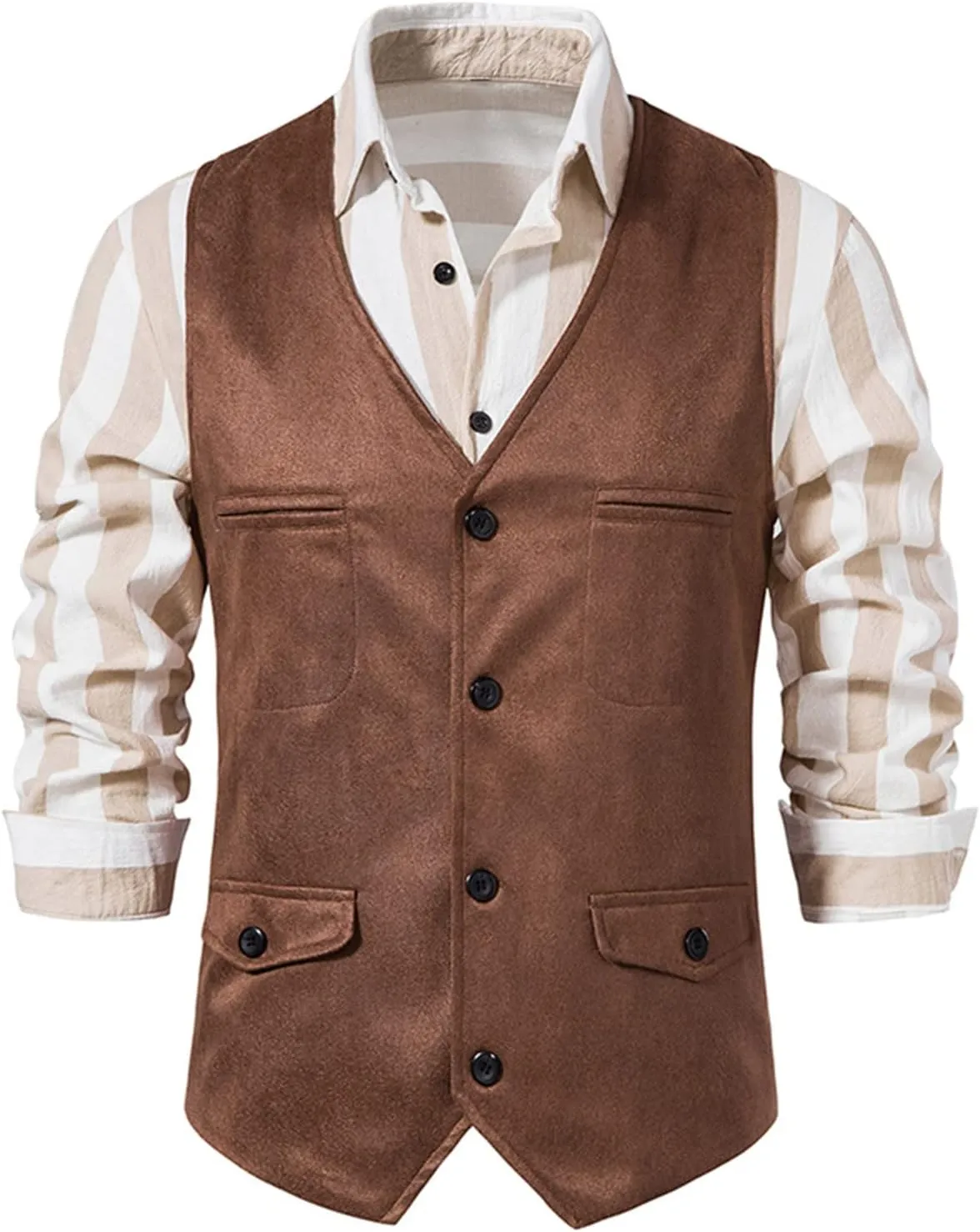 Zeiyignr Men's Suede Leather Suit Vest Casual Western Cowboy Waistcoat Vests Vintage Slim Fit Sleeveless Jacket with Pockets