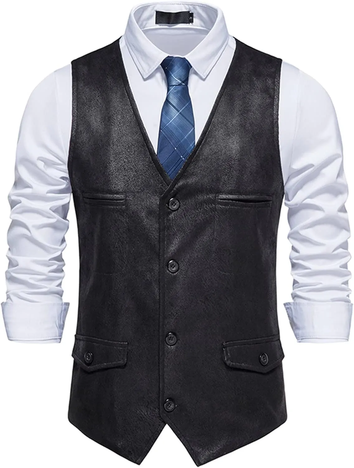 Zeiyignr Men's Suede Leather Suit Vest Casual Western Cowboy Waistcoat Vests Vintage Slim Fit Sleeveless Jacket with Pockets