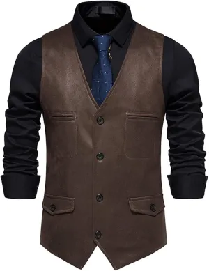 Zeiyignr Men's Suede Leather Suit Vest Casual Western Cowboy Waistcoat Vests Vintage Slim Fit Sleeveless Jacket with Pockets