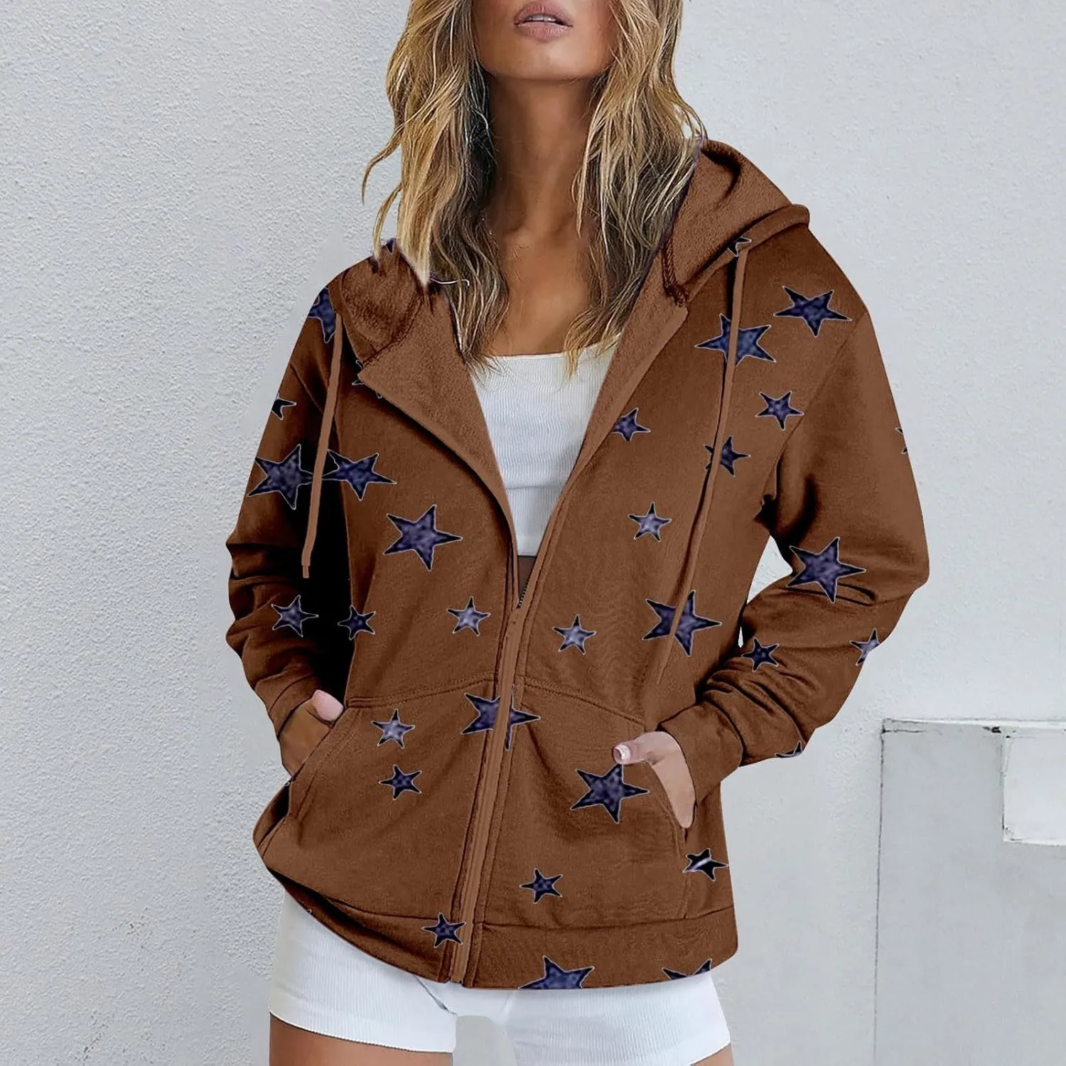 Zip Up Hoodie Women Oversized Sweatshirt Star Graphic Fleece Y2K Jacket Pockets Fall Outfits Casual Fashion Clothes