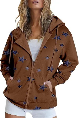 Zip Up Hoodie Women Oversized Sweatshirt Star Graphic Fleece Y2K Jacket Pockets Fall Outfits Casual Fashion Clothes