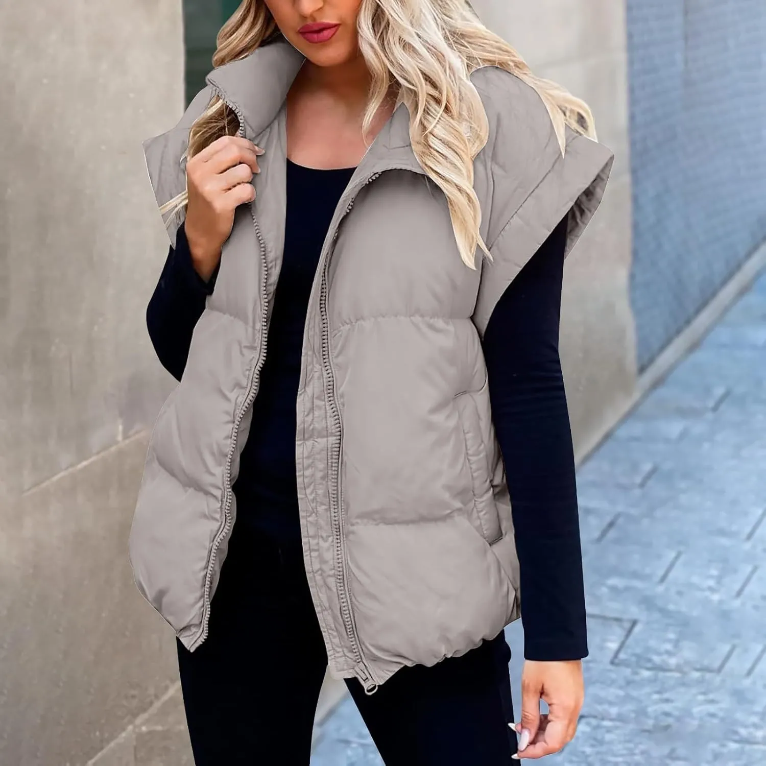 Zip Up Winter Coat Outerwear Vests Zipper Pocket Loose Sleeveless Jacket Coat Sleeveless Lightweight Puffer Jacket