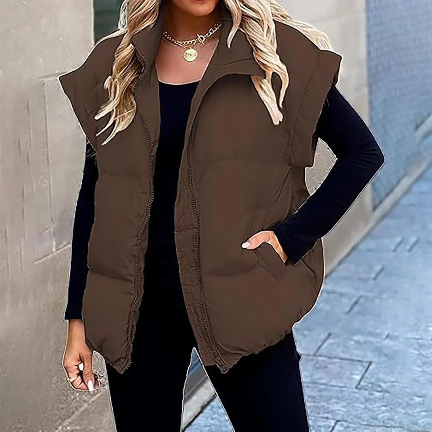 Zip Up Winter Coat Outerwear Vests Zipper Pocket Loose Sleeveless Jacket Coat Sleeveless Lightweight Puffer Jacket