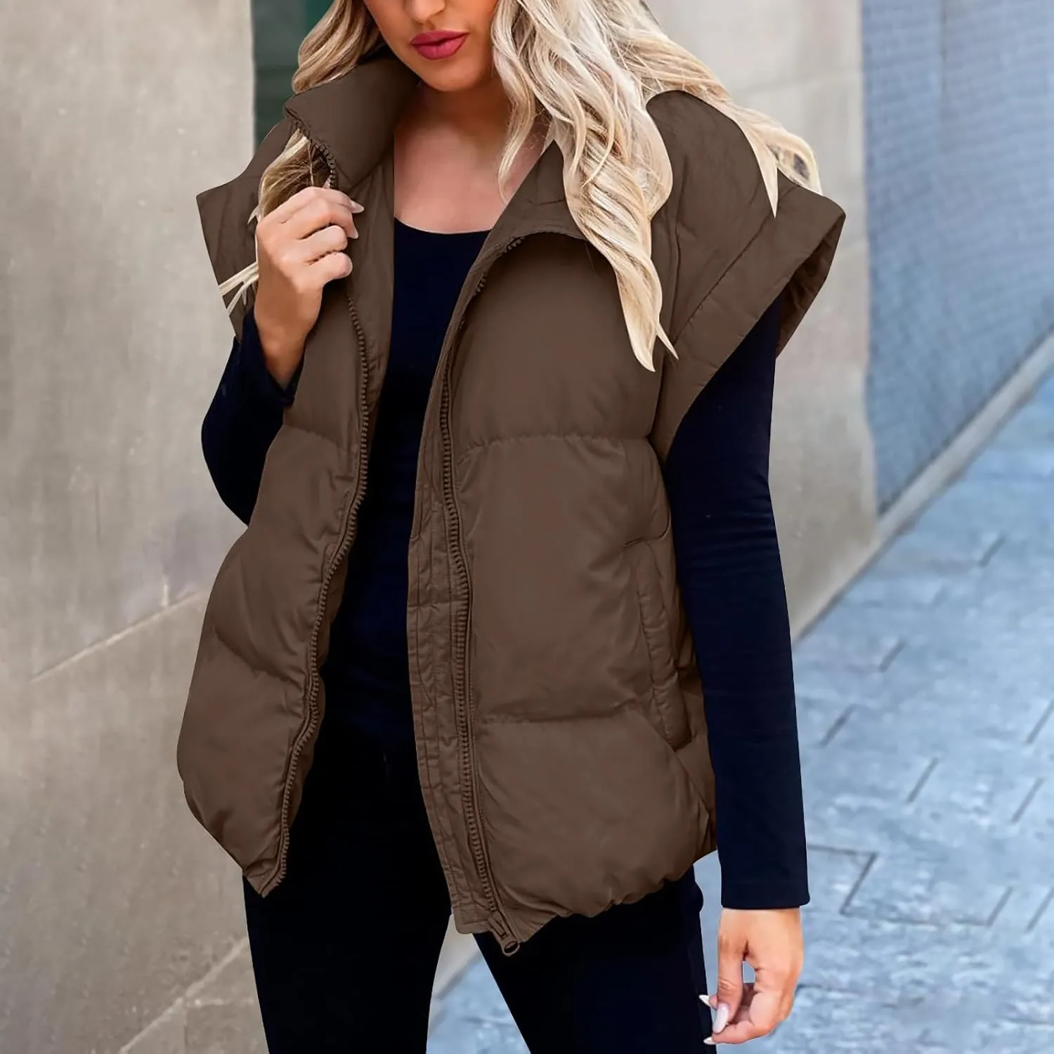 Zip Up Winter Coat Outerwear Vests Zipper Pocket Loose Sleeveless Jacket Coat Sleeveless Lightweight Puffer Jacket