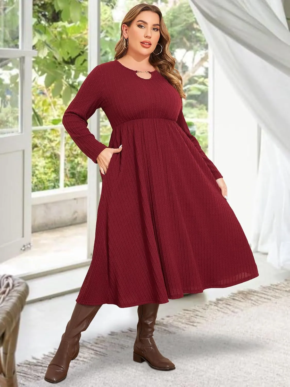 ZNU Plus Size Elegant Casual Dress for Women - Long Sleeve Evening Party Outgoing Midi Dress with Pockets Fall Winter