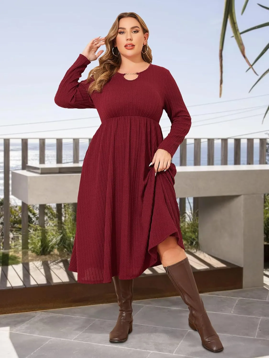 ZNU Plus Size Elegant Casual Dress for Women - Long Sleeve Evening Party Outgoing Midi Dress with Pockets Fall Winter