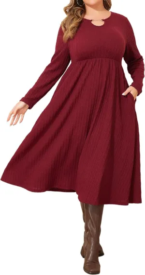 ZNU Plus Size Elegant Casual Dress for Women - Long Sleeve Evening Party Outgoing Midi Dress with Pockets Fall Winter