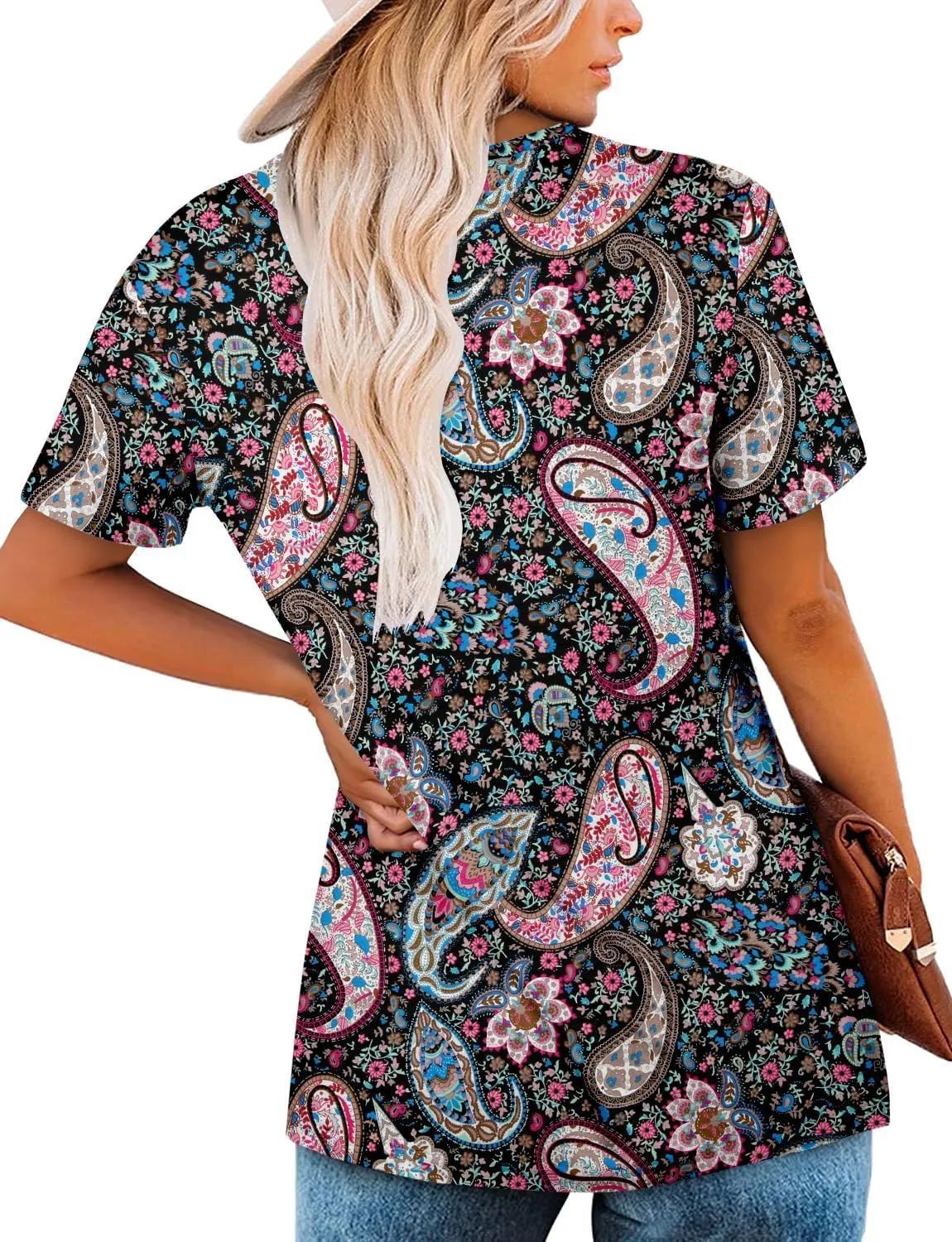 ZOLUCKY Womens Plus Size Short Sleeve Boho Tops Trendy Shirts Loose Fit Blouse Summer Tunic Top for Women S-3XL