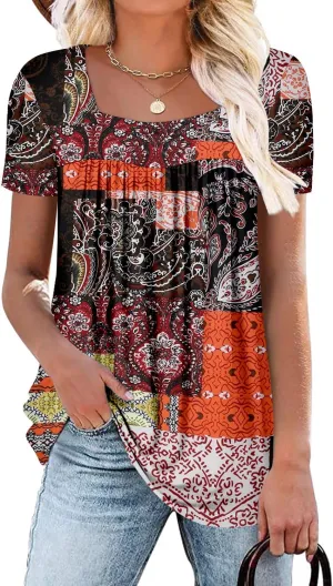 ZOLUCKY Womens Plus Size Short Sleeve Boho Tops Trendy Shirts Loose Fit Blouse Summer Tunic Top for Women S-3XL