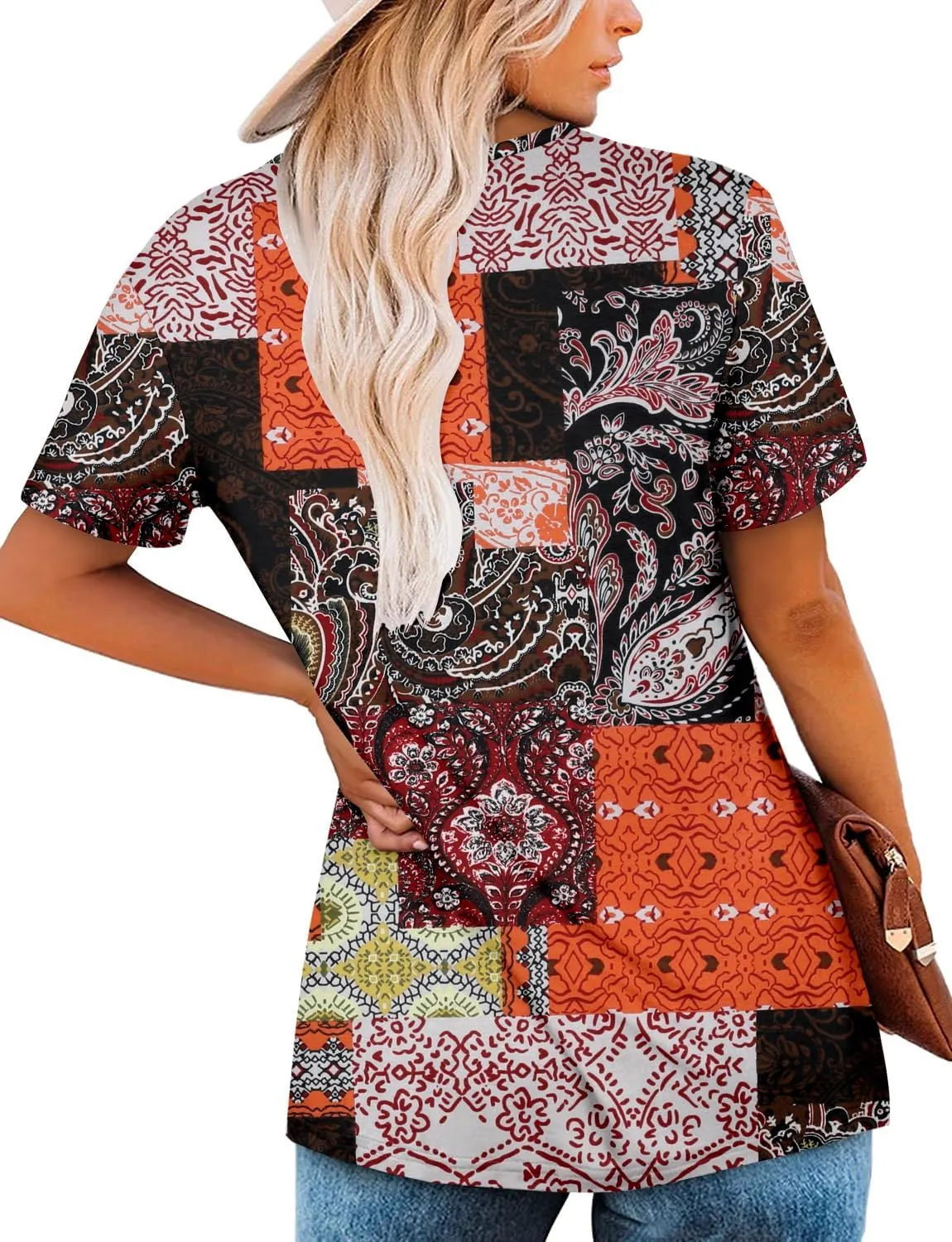 ZOLUCKY Womens Plus Size Short Sleeve Boho Tops Trendy Shirts Loose Fit Blouse Summer Tunic Top for Women S-3XL